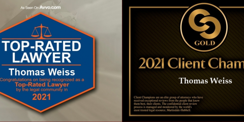 Thomas Weiss named Avvo "Top-Rated Lawyer 2021" & Martindale-Hubbell 2021 "Client Champion"